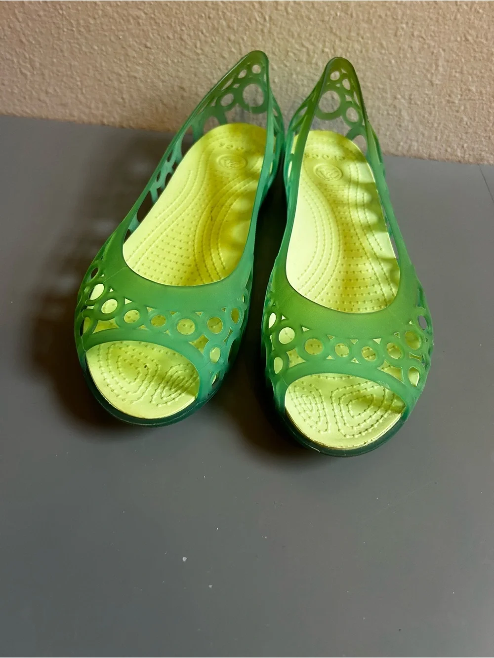 CROCS Aqua Blue Peep-Toe Cutout Flats with Lime Green Insole